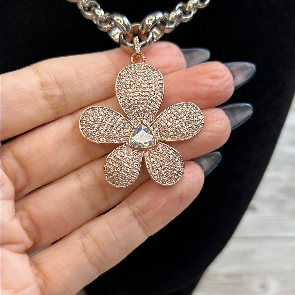 Suzy T Designs Rose Gold Pave Flower Pendant Necklace